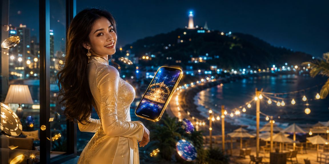 Người phụ nữ mặc áo dài tại Vũng Tàu dùng điện thoại thực hiện giao dịch tài chính trên nền biển xanh